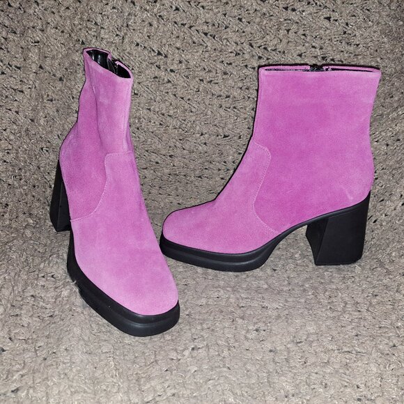 L'INTERVALLE Shoes - L'INTERVALLE-PARMA-Pink Suede Booties-Block Heel-Side Zip-Sz 39-NWOB